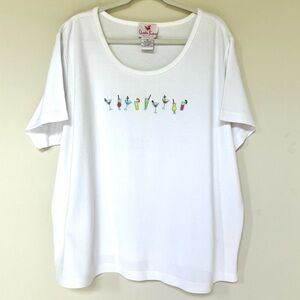 Quacker Factory ~White Tee with Fun Embroidered Cocktails ~ Size: 2X